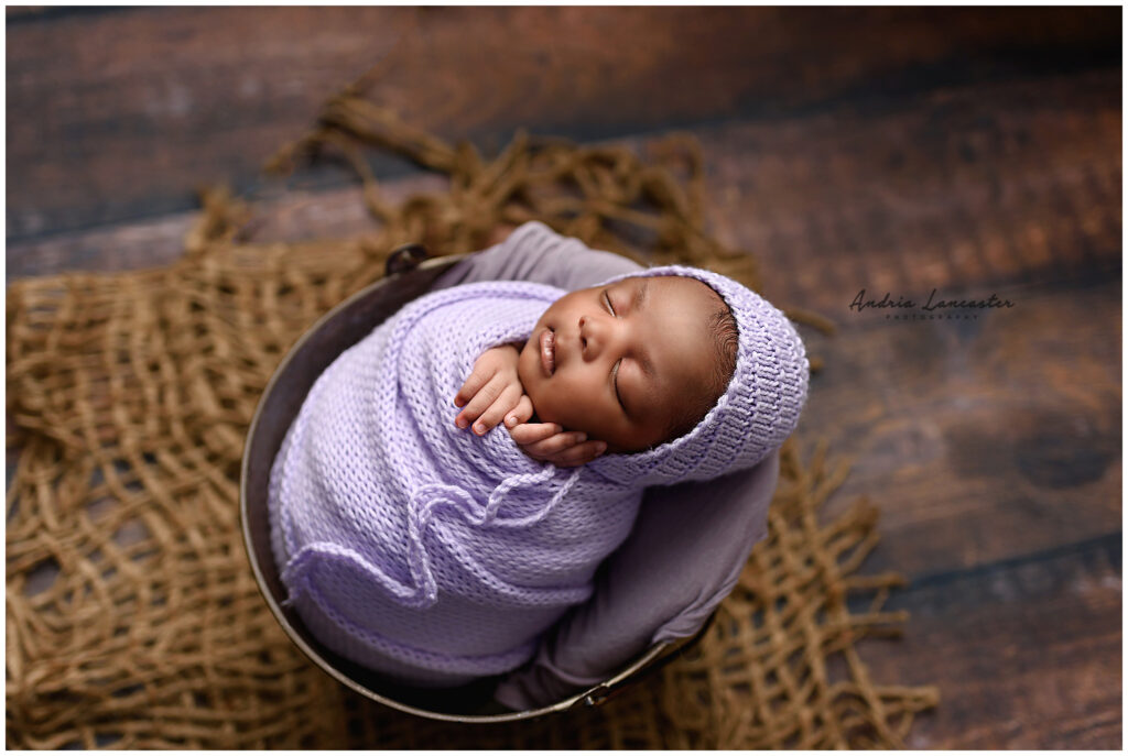 Newborn session purple knit wrap in bucket