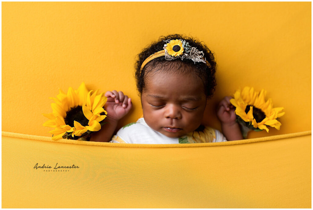sunflowers with baby laying down face up