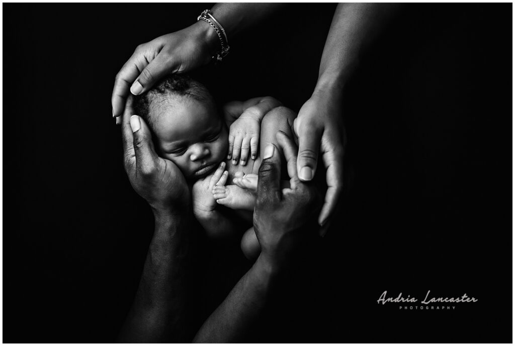 Newborn boy curled n parent hands